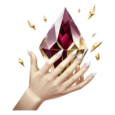 White pov hand outline gripping a shattered diamond prism, light shards projecting luxury items, deep burgundy (#4A0E27) and onyx (#000000) background with metallic gold (#FFD700) fractures, dramatic chiaroscuro lighting, edgy opulence.  Perfect hand and fingers. sticker