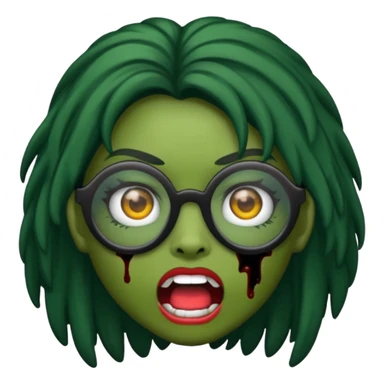 crie um emoji de zumbi feminino, com pele verde, óculos preto e cabelos pretos longos sticker