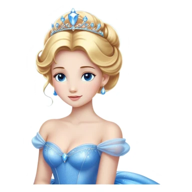 Cinematic Stunning Cinderella Portrait Emoji, Radiant in her sparkling blue ball gown, golden hair in a perfect updo, soft blue eyes full of wonder, glistening tiara, glowing with an ethereal beauty, regal yet kind, a dreamlike aura surrounds her, capturing the essence of a fairy tale princess, elegant and breathtaking! sticker