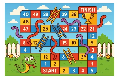 Create a colorful rectangular board game path in the classic "Snakes and Ladders" style. The path consists of 50 numbered squares arranged in a winding pattern across 4–5 horizontal rows. The path starts in the bottom-left corner with a cheerful cartoon snake's face and the word "START", and ends in the top-right corner with a trophy icon and the word "FINISH". Include several snakes that slide the player down (curvy red or purple snakes with playful expressions) and ladders that move the player up (brightly colored ladders with blue or yellow rungs). Some squares are colored differently (e.g. red, blue, yellow) to indicate special actions. The background is bright and fun, with a blue sky, white clouds, green grass, and a picket fence with flowers. Style: digital cartoon illustration with bold lines, vibrant colors, and a joyful, child-friendly atmosphere. The entire board should be playful, engaging, and suitable for kids aged 5–10. sticker