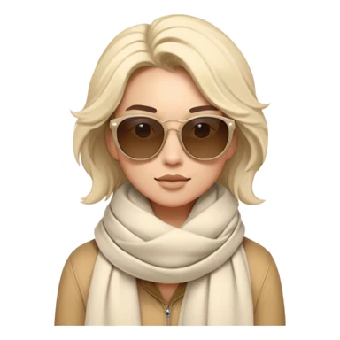A stylish character with oversized sunglasses and a cozy, wrapped scarf, standing confidently with a cool expression. The scarf has soft folds, and the character’s hair is slightly tousled, giving a fashionable and effortless vibe. Flat, modern illustration, digital art, clean lines, minimal shading, white background, iOS emoji aesthetic. sticker