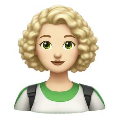 Blonde, chubby, pale woman with green eyes and curly hair and Star Wars shirt and a tabby cat sticker