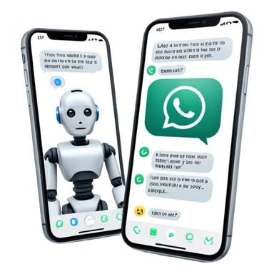 iPhone with WhatsApp chat screen showing a conversation with a robot or AI chatbot sticker