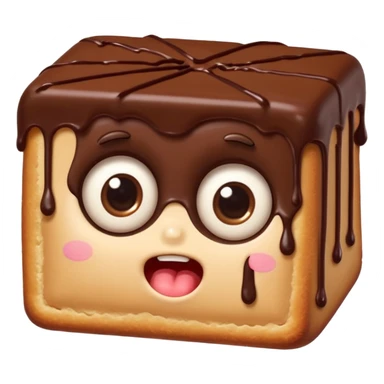 Funny cartoon rectangular chocolate mini pastry, slightly messy and squished, chocolate dripping, big round eyes, wide open mouth, playful surprised expression, text above: "ПАСТИЧКА", chibi style, Twitch emoji style, transparent background, colorful
``


 sticker