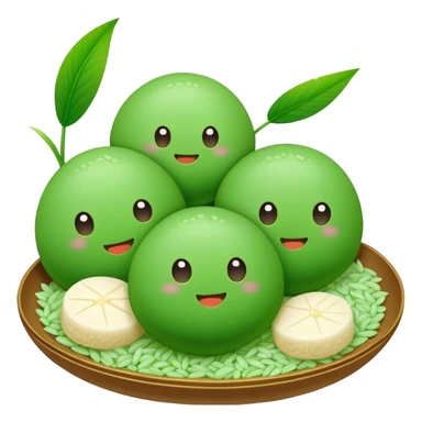 Qingming Festival green rice balls Qingtuan with sweet filling, simplified emoji style with bold outlines and bright colors, cartoon style green mochi-like dessert sticker