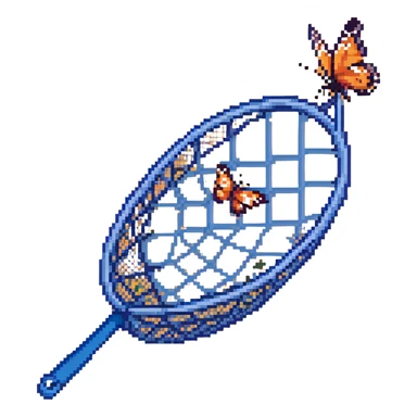 An insect-catching net with a blue handle and a butterfly inside the net sticker