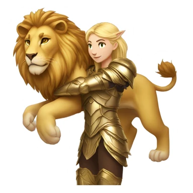 A lion leonin with golden armor hugging a female blonde elf  sticker