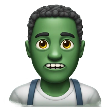 Zumbi com pele verde-acinzentada, olhos grandes e amarelados, boca aberta e ferimento exposto na bochecha esquerda. Cabelos loiros-ruivos e camisa neutra. sticker