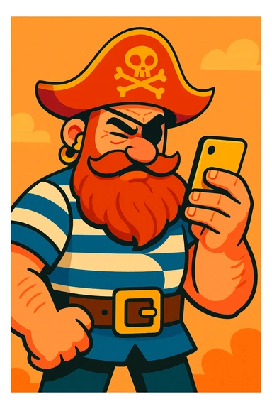 vibrant toon style pirate with a bushy beard and striped shirt, squinting at a phone, exaggerated features sticker
