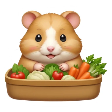 Cute chubby cartoon-style hamster holding a small bento box filled with vegetables, smiling proudly. Soft painterly shading, white background, sticker-style illustration sticker