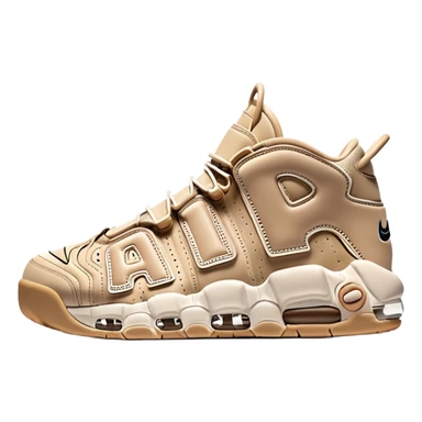 Simple clean pair of beige Nike Air More Uptempo sneakers arranged as a matching pair, minimal detailing but with distinct AIR lettering sticker