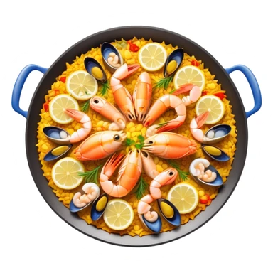 cinematic-realistic-paella-dish-emoji,-depicted-as-a-vibrant,-aromatic-rice-dish-loaded-with-seafood,-chicken,-and-saffron-rendered-with-rich-textures-and-dynamic,-warm-lighting with a lemon slice in the middle sticker