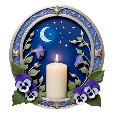 A peaceful sanctuary under the glow of a silver crescent moon, where lush blue pansies bloom in a secluded garden. The pearl-colored candle, adorned with delicate engravings, flickers with a soft luminescence, its wax melting into artistic patterns. Silver ivy vines weave through the flowers, catching the moon’s glow. A gentle breeze lifts tiny petals into the air, creating a serene and poetic atmosphere, while subtle celestial runes appear faintly in the candle’s light. sticker