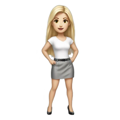 hyperrealistic caucasian long blonde brown eyes woman white top gray tight mini skirt black high heels sticker