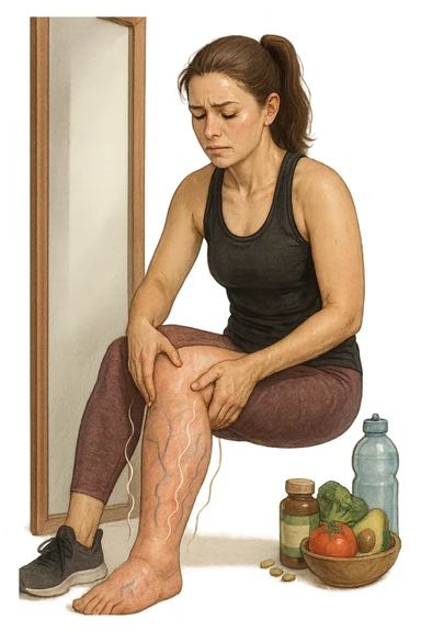 Donna tra i 25 e i 35 anni in abbigliamento sportivo, seduta o in piedi davanti allo specchio, mentre massaggia con forza le sue gambe gonfie, con espressione determinata ma affaticata. Intorno alle gambe si vedono simboli visivi di gonfiore e ritenzione (gambe leggermente arrossate, vene visibili, contorni delle gambe evidenziati da linee simboliche). Sullo sfondo: integratori naturali, alimenti sani e una bottiglia d’acqua, come strumenti di supporto. Atmosfera di lotta personale, luce neutra ma con accenti di speranza. Stile realistico e educativo sticker