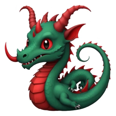 cute-but-dark dragon emoji, Burtonesque gothic illustration,  muted palette with single accent (blood red or emerald), spiral horns, simple silhouette readable at 72x72, hand-drawn texture, minimal details, round sticker composition, --ar 1:1 sticker