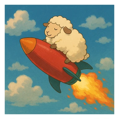 sheep flying on a rocket, ghibli cartoon style sticker