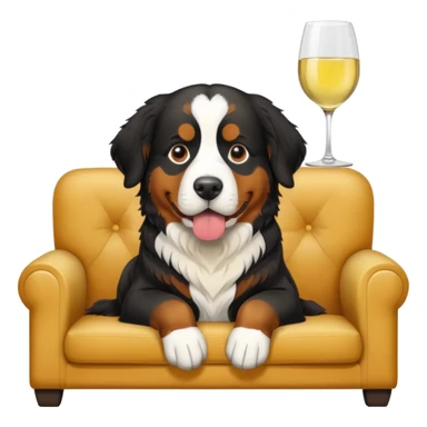 Bernese mountain dog  with one half face white sitting on couch with white wine  sticker