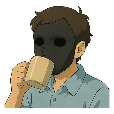 ghibli style man's face with a black full mask drinking coffee sticker
