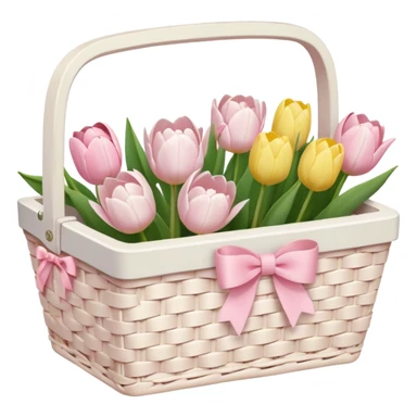 A white Picnic basket with light pink bow, white peonie, tulips sticker