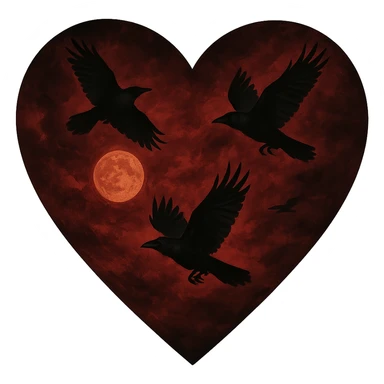  heart with red night sky and dark ravens, remove background sticker