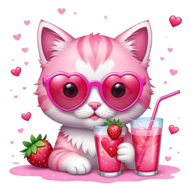 A bubblegum pink kitten with heart-shaped sunglasses, sipping a strawberry soda, surrounded by sparkles and summer vibes. sticker