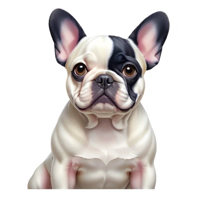 Cinematic Noble Pied French Bulldog Portrait Emoji, Radiating regal yet playful charm, with a distinctive pied fur of contrasting hues and a sculpted, expressive face featuring gentle, wise eyes and a confident stance, simplified yet artistically detailed, glowing with a soft, sophisticated radiance, high shine, exuding intelligent nobility and refined flair, soft glowing outline, capturing the essence of a noble Pied French Bulldog that embodies both strength and grace! sticker
