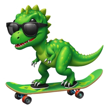 Green dinosaur on a skateboard with a chain and pixel sunglasses sticker
