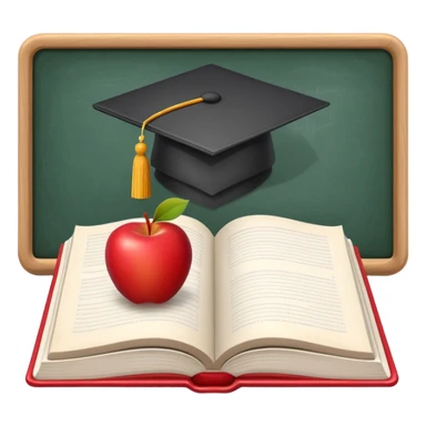 An icon featuring an open book, a chalkboard with lesson plans, and a pencil, symbolizing education and pedagogy. The design includes an apple and a graduation cap, representing teaching and learning. Transparent background highlights the growth and development in education. sticker