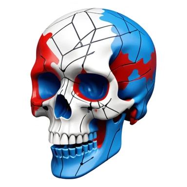 premium black skull with geometric brand patterns, striking electric blue and red paint splashes only within skull contours, perfect detailed fine art quality, three-quarter view sticker