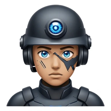 A dystopian soldier with a shattered black visor, revealing one cybernetic blue eye sticker