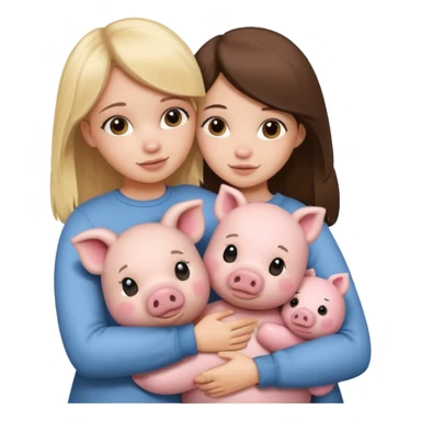 Girlfriends, blonde and brunette, hugging a teddy bear and a little pig sticker