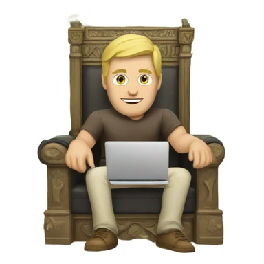 Caucasian Man sitting on a throne of cash with a laptop sticker