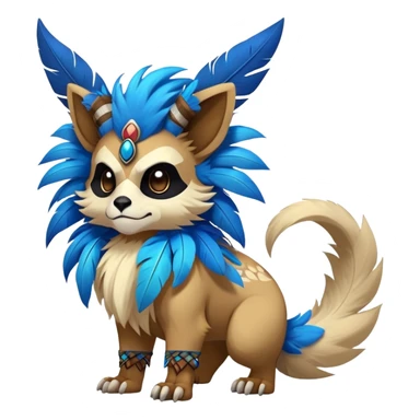 Furry cute colorful exotic tribal feral anime-styled Fakémon-Pokémon-animal-creature with a skull mask, and a feather-mane-collar, and blue feathers, with long furry ears, long furry tail, 4 legs, (full body) sticker
