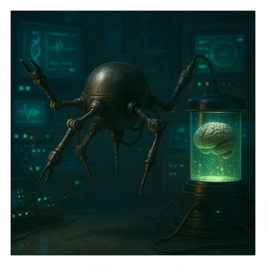 Lighten the genetics lab scene, add glowing scientific equipment and a brain floating in glowing green liquid. Make the scene more realistic with detailed lighting and reflections, emphasizing a realistic style with intricate light play and reflections. sticker
