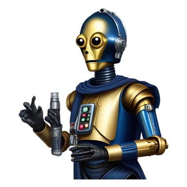 tough well-equipped jedi first order life-sized darkblue-pearl C3po as a friendly bounty hunter droid wearing a leather clothing old west duster coat holding light saber sticker