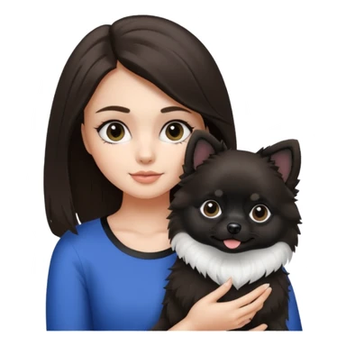 A brunette hair girl holding a black and white 1 Pomeranian dog who has black face but in the middle it’s white line sticker