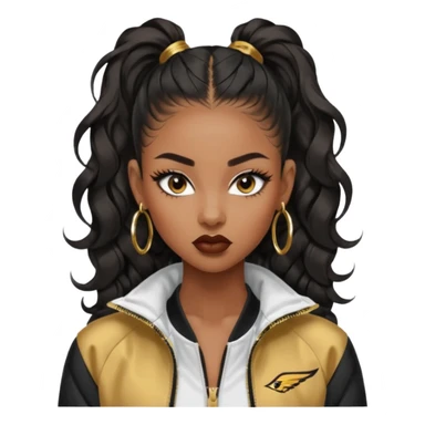 “black Emoji girl, fierce confident expression, sharp black winged eyeliner, bold brows, matte nude lips, long curled lashes, sleek high ponytail, gold hoop earrings, sporty streetwear jacket.” sticker