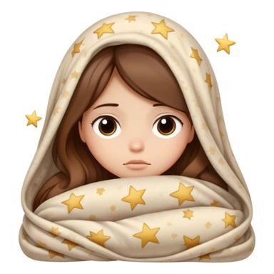 Sleepy girl with long brown hair wrapped like a burrito in a blanket, eyes half-open elegant stars  sticker