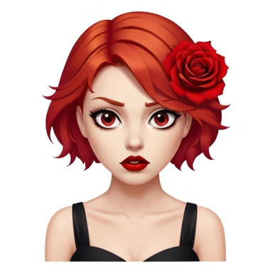 a beautiful very angry woman with red hair and red eyes. The woman wear a black little cutted dress. She have red lipstick and she have a seductive look. She have a rose flower in her hair. Angry face sticker