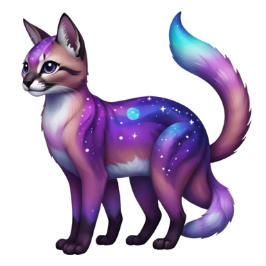 Colorful black-violet-indigo-purple-gradients nebulae nebula starry galactical shiny white-stars-spotted glorious iridescent divine exotic beautiful realistic caracal-civet-sergal-oncilla-animal-Fakémon-hybrid-fursona (full body) sticker