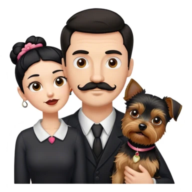 Tall pale guy with dark hair mustache goatee, and short woman with black hair bun, and a yorkshire terrier dog sticker