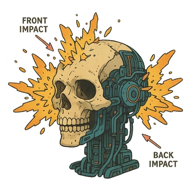a skull exploding, diagram, front and back impact points, cyberpunk futuristic sticker