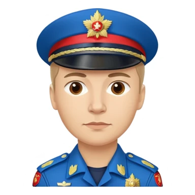 Russian police officer with blue uniform and traditional peaked cap with red band sticker