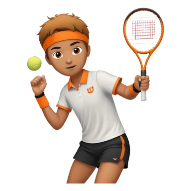 Tennista con racchetta arancione della wilson. Maniche corte e pantaloncini neri. Con polsino e ciuffo sui capelli sticker