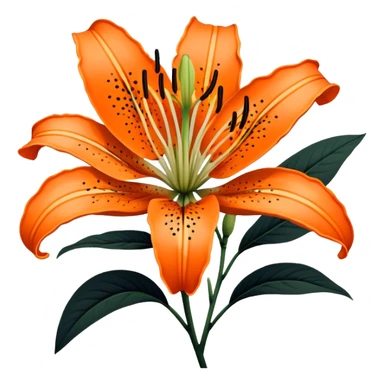 Japanese style tiger lily (oniyuri) flower in ukiyo-e inspired design, bright orange petals with distinctive black spots, curved-back petals, traditional composition like in Japanese woodblock prints sticker