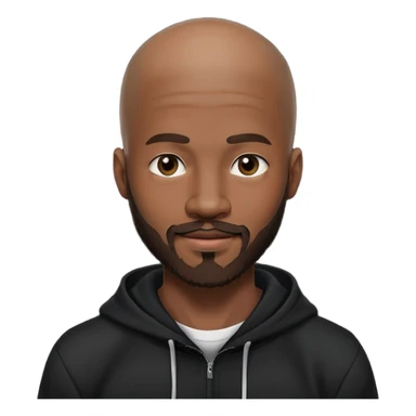 African yound man in his late 20s with a wink and  full short boxed beard and moutache , almost bald hair, black hoody sticker