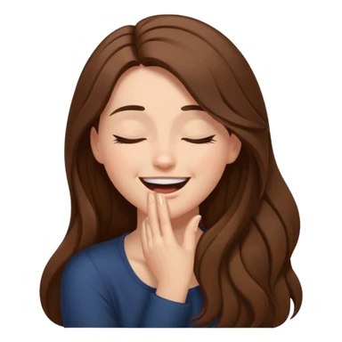 Woman from side with one hand on her head, eyes closed, laughing and smiling really hard. Hair is brown and long sticker