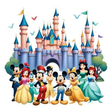 A vibrant collage featuring iconic characters like one Goofy, one Mickey Mouse, one Ariel, one Jasmine and one Franco. Each character should be large and bright, set against a cheerful and playful background with Disneyland. Transparent background. sticker