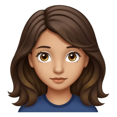 Create a emoji of a girl teen (14 years old) with dark brown hair and a little bit lighter brown in the end of the hair (but mixed) and waves in the hair, long hair, with MEDIUM FAIR TO OLIVE skin tone, dark brown eyes, perfect nose, long eyelashes sticker